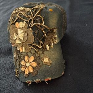 Embellished Denim Floral Baseball Cap - Dark Blue